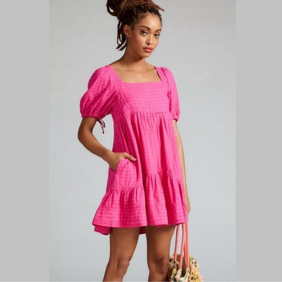 Anthropologie Pilcrow Babydoll Dress with tie in back💓🎀 Barbie pink - Picture 2 of 4